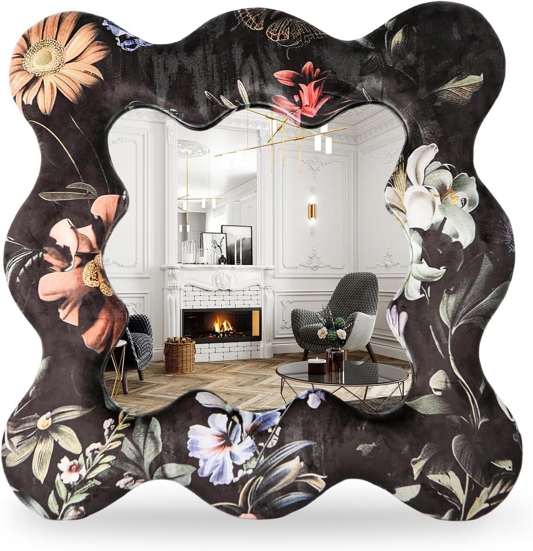 Irregular Wavy Wall Mirror: 24" Large Scalloped Mirror with Flannel Wrapped - Decorative Vintage Mirror Ornate for Bedroom/Entryway/Hallway/Fireplace - Home Decor for Living Room