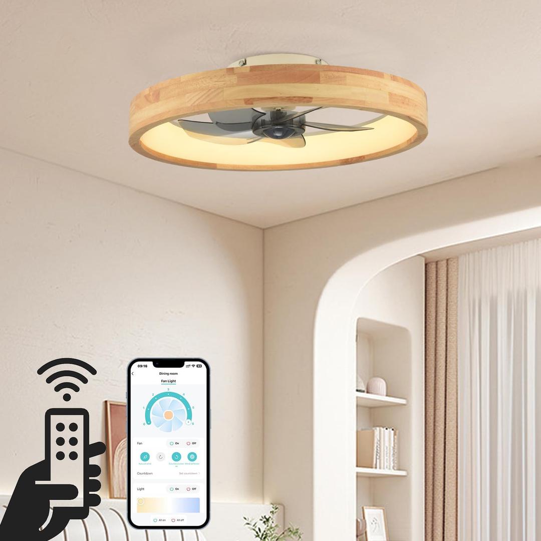 20 Ceiling Fan with Light, Dimmable LED Timing with Remote Control, 5 Invisible Reversible Blades Semi Flush Mount Low Profile Fan (Wooden Frame)