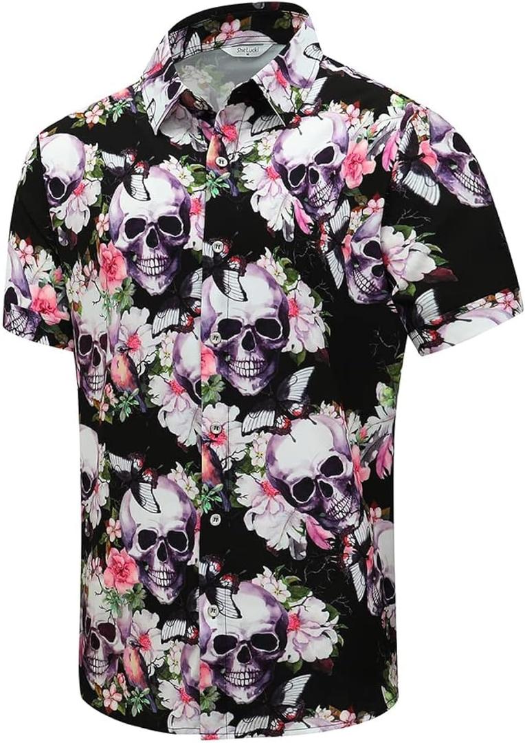 SheLucki Hawaiian Shirt for Men, Unisex Summer Beach Casual Short Sleeve Button Down Shirts, Printed Palmshadow Clothing (Blue, L)