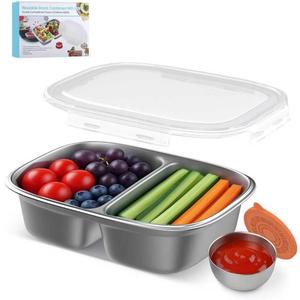2 x Snackle Box Container,Dishwasher,Reusable Snack Containers With Lids,2 Compartment Stainless Steel Snack Containers,Fruits, Snacks,Nuts,Salad,travel,850ML,White,1Pack