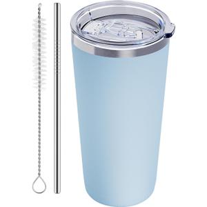 GGQ 20oz Travel Coffee Tumbler Food-Grade 304 Stainless Steel Vacuum Insulated Double Wall Leak-Proof Lid Reusable Straw Hot and Cold Drinks Cup Holder Friendly (Light Blue)