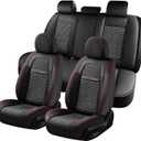 Coverado Car Seat Covers Full Set, Nappa Leather Black Seat Covers for Cars, Waterproof Car Seat Protector, Front and Back Seats Universal Fit for Most Vehicles (Red Line-L)