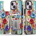 FUNMIKO for iPhone 14 Plus Wallet Case with Card Holder, RFID-Blocking, Military-Grade Drop Protection & Floral Animal Design, Magnetic Closure with Leather Kickstand - Abstract Flowers