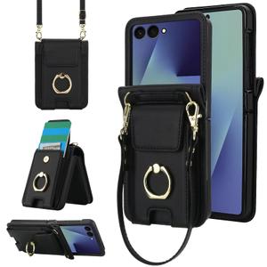 Phone Case for Samsung Galaxy Z Flip 6 5G 2024 Wallet Cover With Ring and Crossbody Wrist Strap Lanyard Credit Card Holder Slot Stand Cell leather Purse ZFlip6 Z6 G Flip6 Women Men Girls Black