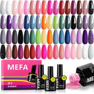 MEFA 35 Pcs Gel Nail Polish Set, 32 Colors All Seasons Collection Gel Nail Polish Kit with Base Coat No Wipe Glossy/Matte Top Coat Blue Red Pink Nail Art Manicure DIY Salon Home Gifts for Women Girls (1-B Classic Red Purple)