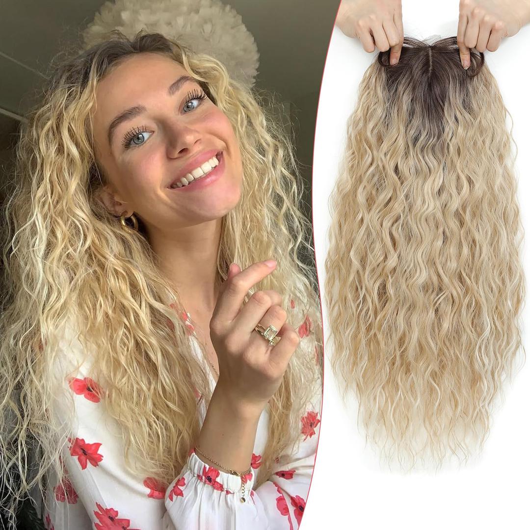 PANEWAY Curly Hair Toppers For Women with Thinning Hair Synthetic 6.5x6.5 Ladies Wiglets Full Coverage Topper Perfect for Daily, Holiday, Style (20 Inch, Dark Roots Ombre Blonde)