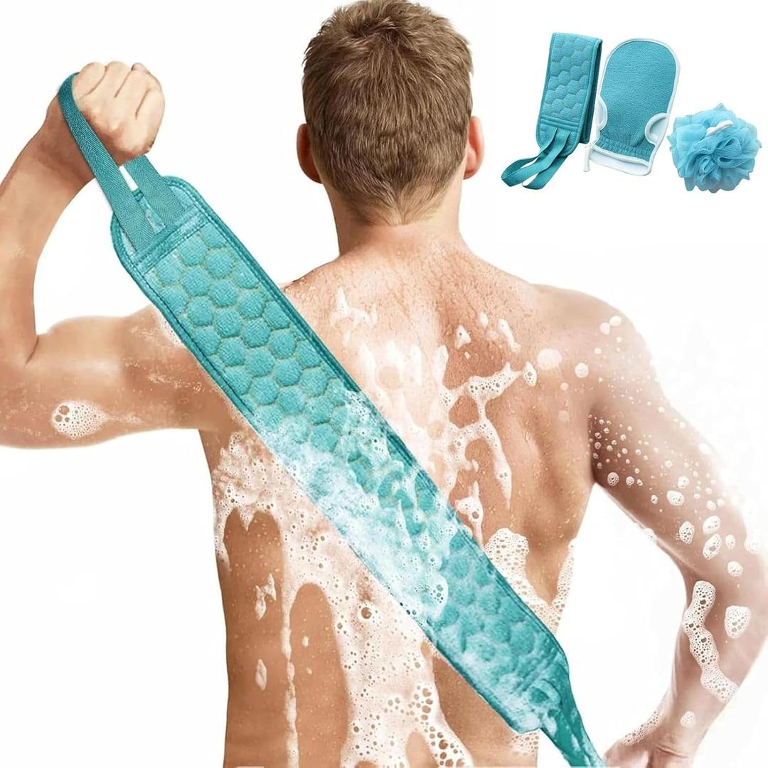 3Pcs Back Scrubber with Handles, Bath Glove, Sponge Shower Loofahs, Double-Sided Back Scrub Washcloth for for Men & Women(Blue)
