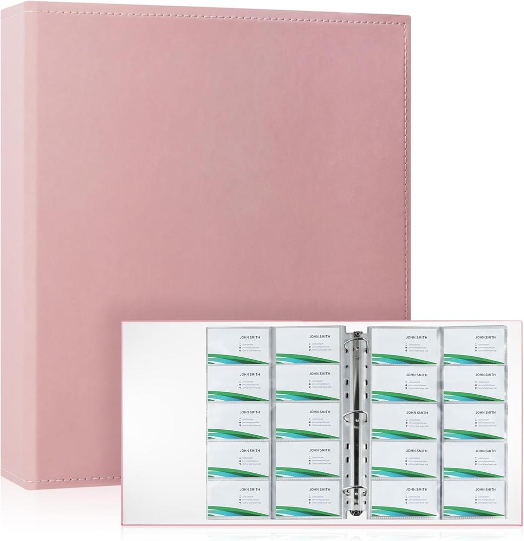 BYSTER A4 Business Card Organizer, PU Leather Card Binder with 30 Pack Sleeves (600 Pockets), Business Card Holder Book for Credit Cards, Membership Cards, and More - Pink