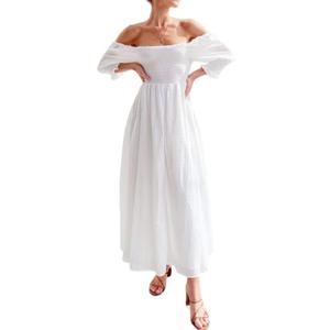 Zebaexf Women Summer Half Sleeve Backless Long White Dresses A Line Flowy Ruffled Vintage Elegant Maternity Dress (White)