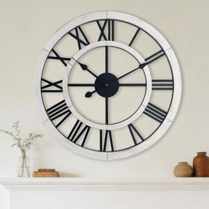 24 Inch Large Rustic Wall Clock Silent Non-Ticking Wooden Wall Clocks with Roman Numerals Farmhouse Decorative Clock for Living Room Bedroom Office (White, 24 Inch)