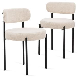 Set of 2 White Boucle Dining Chairs - Curved Back &amp; Black Metal Legs, Mid-Century Modern Kitchen Seating. 19.69" Seat, Comfortable Sponge Fill.