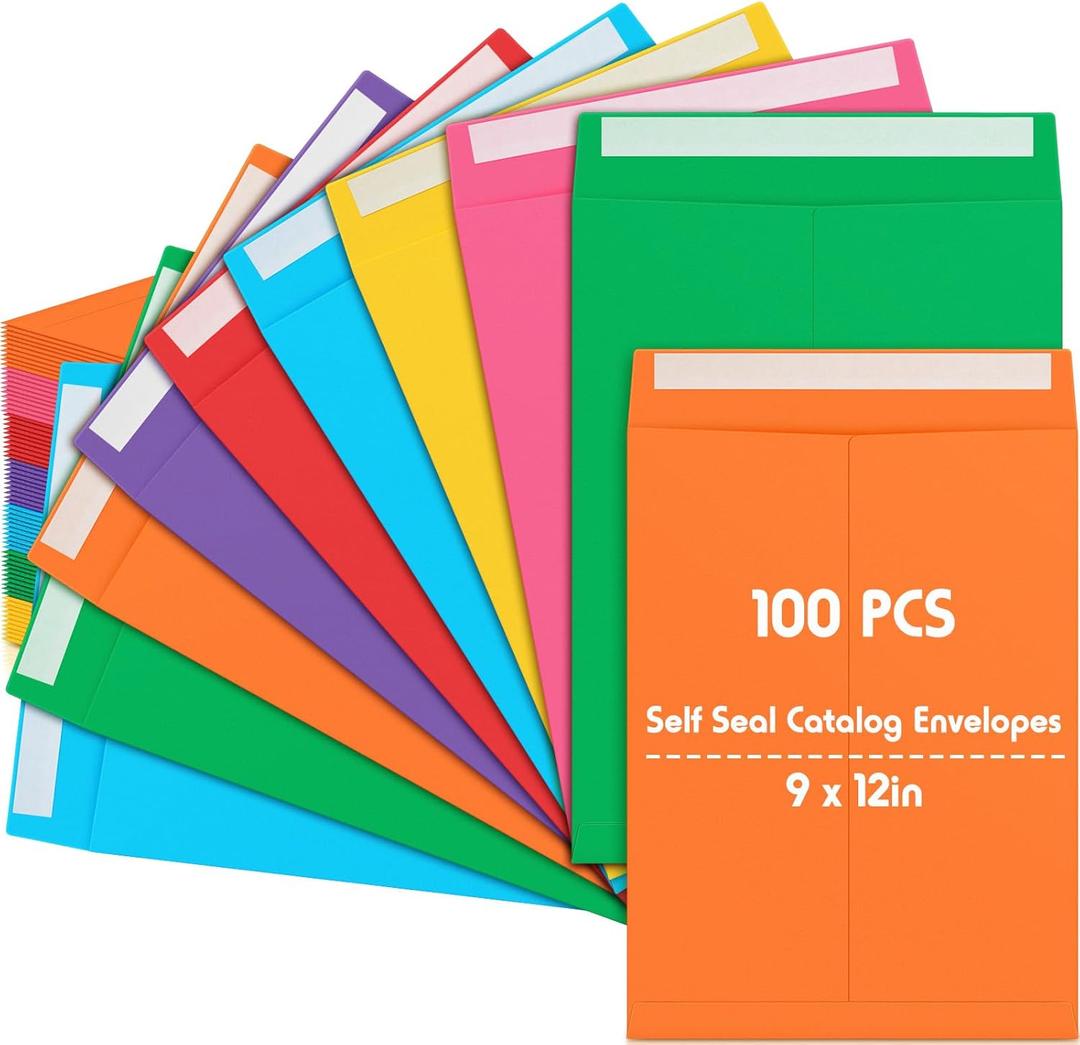 Janlaugh 100 Pcs 9'' x 12'' Colored Catalog Envelopes Self Adhesive 32lb Manilla Envelopes Kraft Peel & Seal for Secure Mailing Storage Organizing for Home Office Business School(Colorful,9'' X 12'') (One Size)