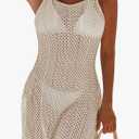 Pink Queen Women Swimsuit Crochet Swim Cover Up Summer Bathing Suit Swimwear Mesh Knit Beach Dress (XL, Beige)