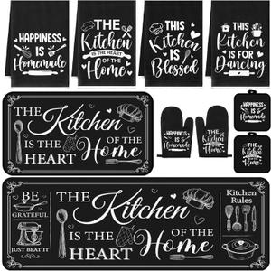 Fourluoo 10 Pcs Farmhouse Kitchen Decor and Accessories Set 4 Kitchen Towels 2 Pot Holders 2 Oven Mitts 2 Rugs for Cooking Baking Mom Housewarming Gifts(Black,Classic Style)
