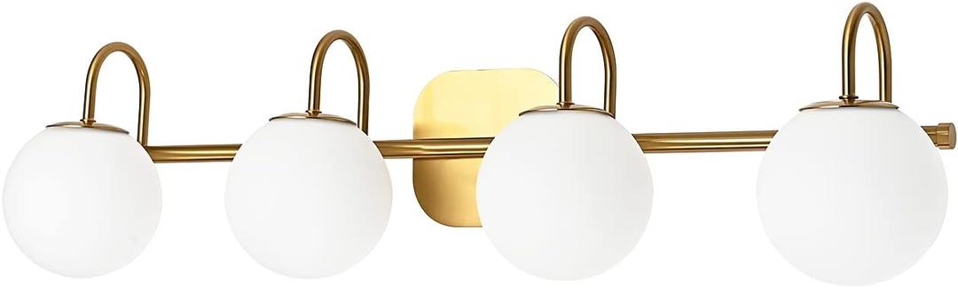 New Bathroom Vanity Light Fixtures 4-Lights Brushed Brass Frame and Milk White Glass Globe Shade Modern Wall Sconce Lighting Bath Vanity Lights Bar Over Mirror (Exclude G9 Bulb)