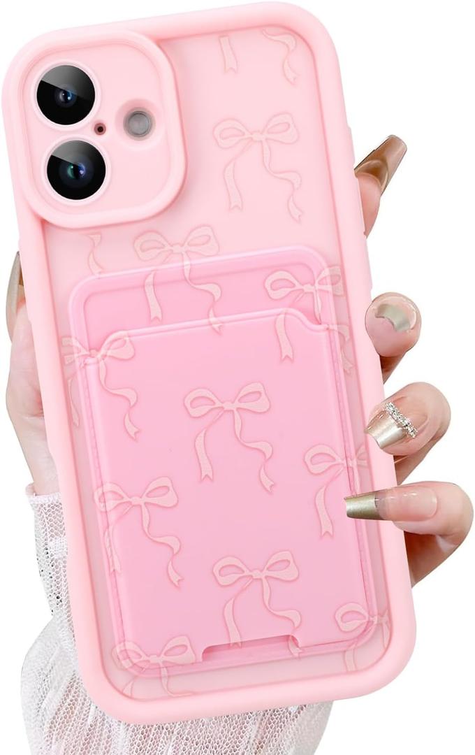 KANGHAR Case for iPhone 16 Plus Card Slot Phone Case, Cute Bow Design with Card Holder for Women Girls Slim Shockproof Wallet Cover-Pink