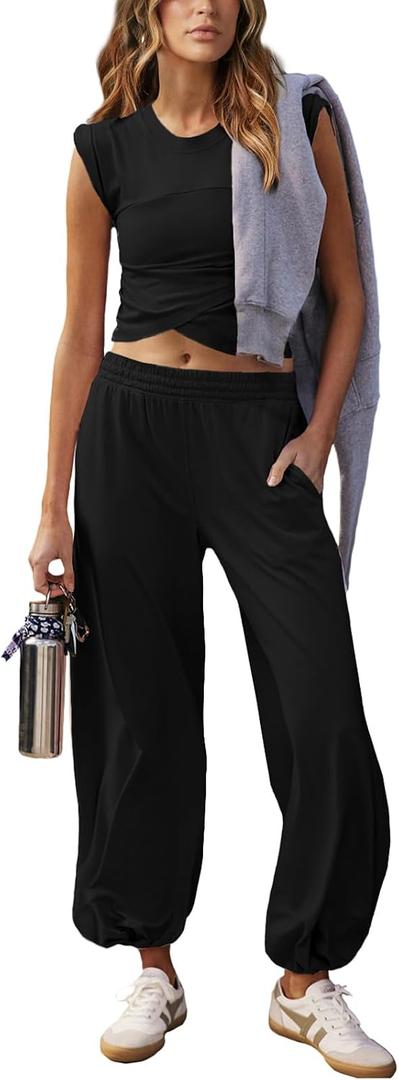 Outfeel Women 2 Piece Outfit Set Loungewear Cropped Tops and Jogger Sweatpant Matching Set Coordinated Sweatsuit with Pockets L