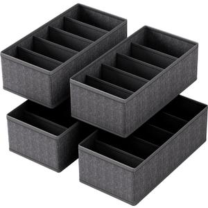 4-Pack Collapsible Fabric Drawer Organizers - 12"x6"x4" Foldable Storage Box with 5 Compartments, Closet Dividers for Socks, Ties, Belts, Accessories (Grey)