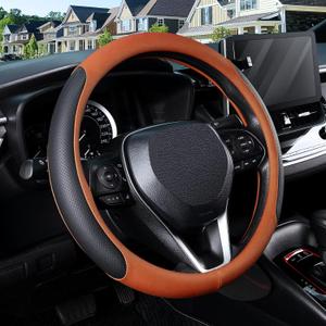 SEG Direct Steering Wheel Cover for 14.5-15 inch Wheels, Breathable PU Leather with Perforated Sides, Anti-Slip Grip, Universal Fit for Cars & SUVs, Black and Orange