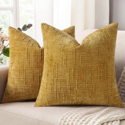 decorUhome Mustard Yellow Chenille Euro Sham Throw Pillow Covers 22x22 Set of 2 Textured Slubby Couch Pillow Covers Farmhouse Accent Modern Neutral Decorative Pillow Cases for Bed Sofa Living Room
