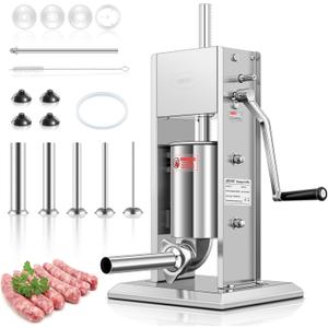 7Lb/3L Sausage Stuffers304 Stainless Steel Sausage Maker Adjustable, 2 Speeds, 5 Filling Tubes (Silver)