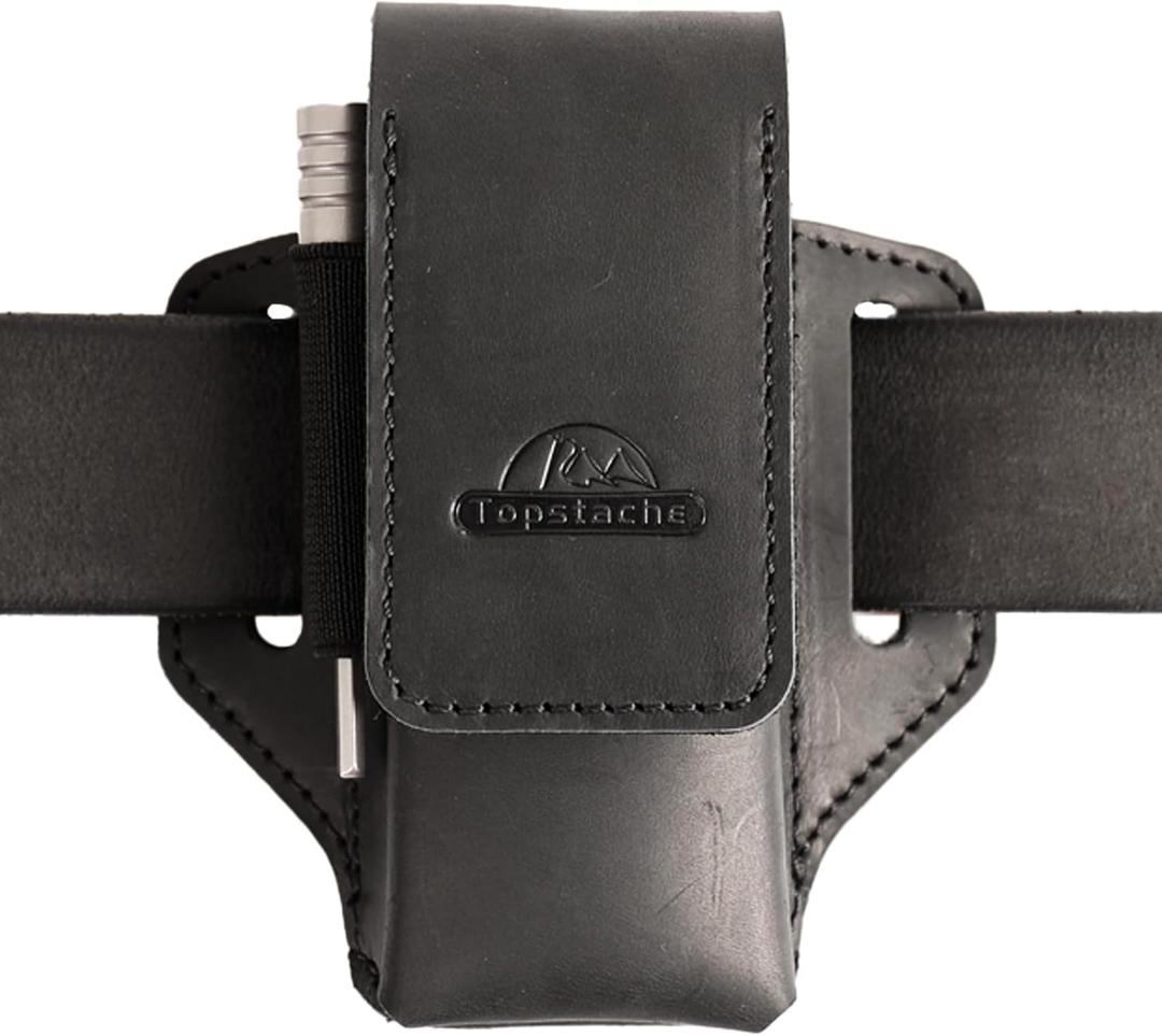 Topstache Leather Multitool Sheath for Belt - Leather Multitool Holder for Belt - EDC Belt Organizer Multitool Pouch - Two Magnetic Closure Multitool Holster - Belt Loop Leather Multitool Case, Black