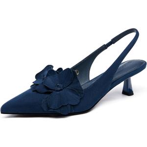 Coutgo Womens Slingback Kitten Heels Flower Closed Pointed Toe Pumps Wedding Party Dress Sandals Shoes (Blue), Size 9
