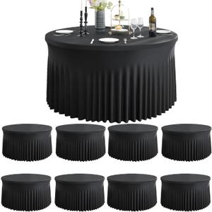 8 Pack Spandex Black Round Tablecloths for 72inch Table, Wrinkle Free 132inch Stretchy Fitted 6ft Round Table Cloth Covers with Skirt for Wedding Birthday Graduation Parties Banquet Events
