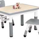 FUNLIO Kids Table and 2 Chairs Set for Ages 3-8, Height Adjustable Toddler Table and Chair Set, Easy to Wipe Arts & Crafts Table, for Classrooms/Daycares/Homes, CPC & CE Approved (3pcs Set) - Gray