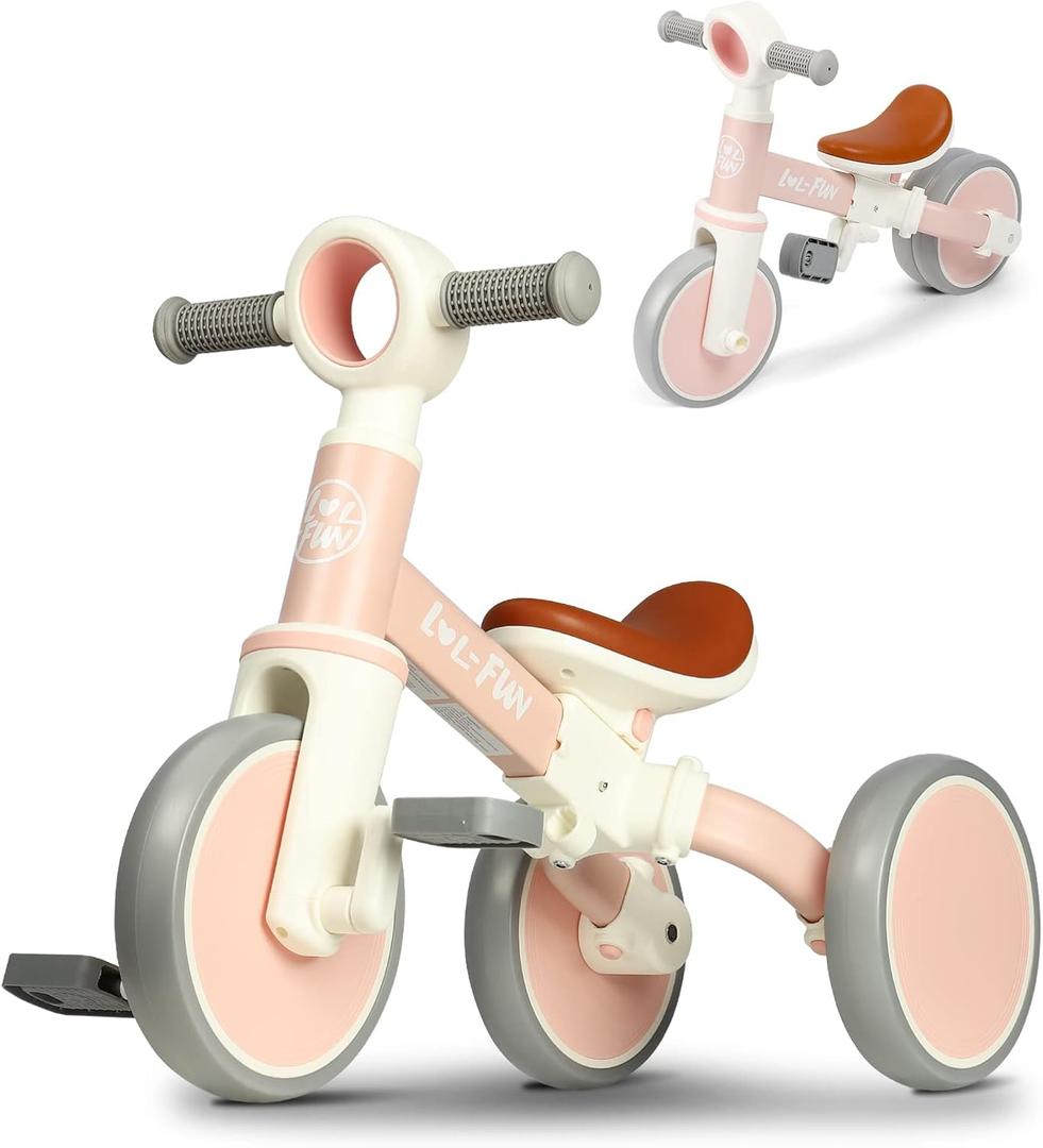 LOL-FUN Baby Balance Bike for 1 2 Year Old Boys Girls Gift, 4 in 1 Kids Tricycle for Toddlers 1-3 with Easy Assembly Removable Pedal (Light Pink)