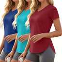 3 Pack Women's Workout T-Shirts Quick-Dry Short Sleeve Top V Neck Slim Fit Raglan Side Split Gym Yoga Athletic Tees, S