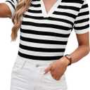 LilyCoco Womens Striped Shirt Fitted Collared Neck Short Sleeve T Shirt Black and White Medium (M)