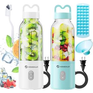 2PCS Portable Personal Blender 17 OZ/500 ML Juicer, 175W Personal Size Blender, Ideal for Smoothies, Ice Blending, Juicing, and Food Processing, Compact, Convenient, and VersatileBlue&White