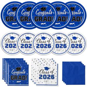 Graduation Blue Party Supplies Kit Dinner Plates Dessert Plates and Napkins for Congrats Grad Party Decorations, Serves 50