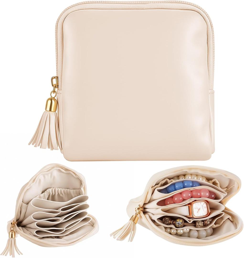 1 Pc Small Travel Jewelry Case Bridesmaid Gift for Bachelorette Wedding Day, Mini Jewelry Pouch Organizer Bag with Zipper, Portable Waterproof Velvet Jewelries Bag for Rings, Necklaces (Beige)