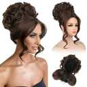 REECHO Messy Bun Hair Piece with Bangs - 2-in-1 Hair Bun Hairpieces Curly Updo Wig & Hair Topper with Long Side Bangs Natural-Looking Drawstring Ponytail Extension for Women - Chocolate Brown