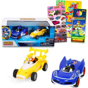 Sonic The Hedgehog Action Figure Set - Bundle of 5" Sonic and Tails All Stars Racing Pull Back Vehicles Plus Stickers, More | Party Supplies for Kids