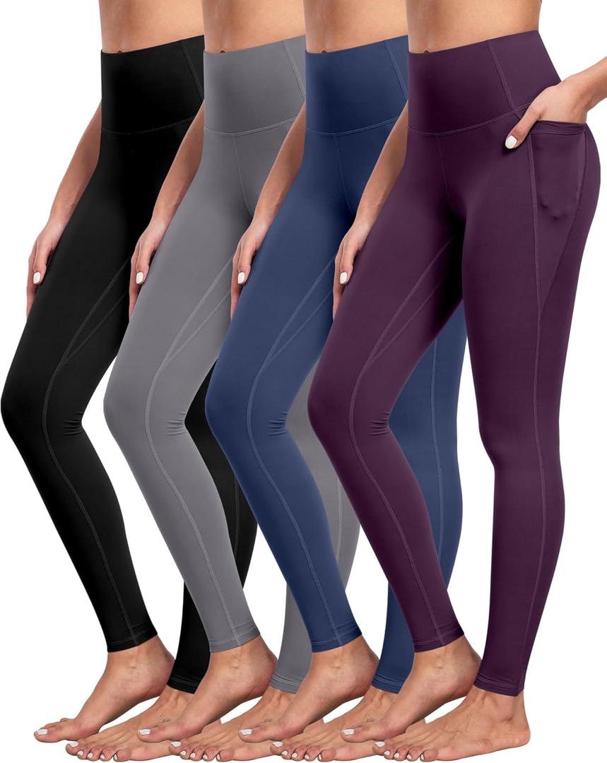 NORMOV 4 Packs Yoga Leggings with Pockets for Women, Soft High Waisted Tummy Control Workout Pants (X-Large, 4Packs( Black, Dark Gray, Navy, Deep Purple))