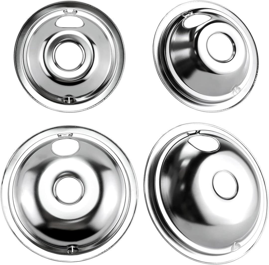 4 Pack GE68C Chrome 2 x 6inch, 2 x 8inch Burner Drip Pan Bowls by PANDEELS- Fit for GE Stoves and Hot-point Electric Ranges - Drip Pans Set (Silver)