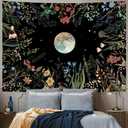 Amhokhui Moonlit Garden Tapestry Boho Moon Tapestry Floral Flower Tapestries Colorful Plants Tapestries Black Wall Hanging Decor for Home (59.1"L x 51.2"W)