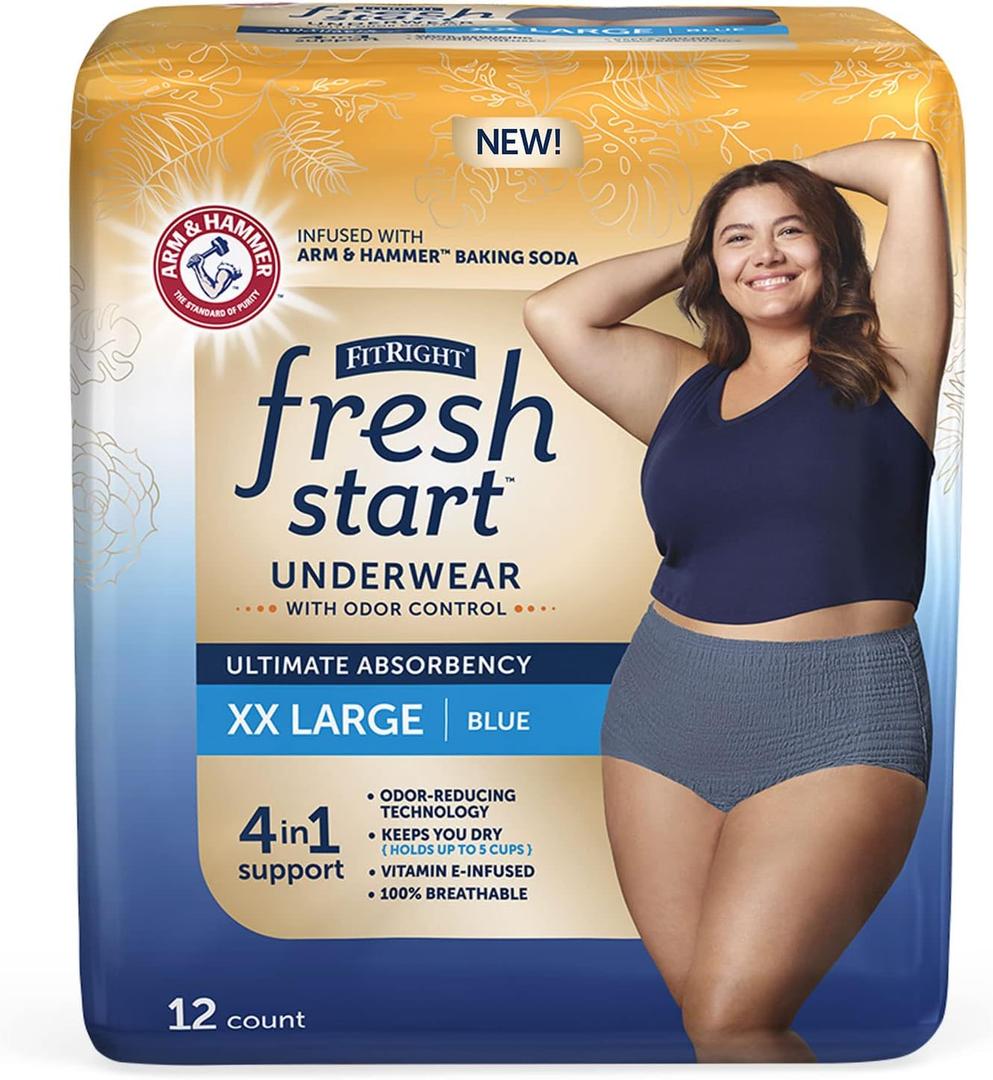 FitRight Fresh Start Incontinence and Postpartum Underwear for Women, XXL, Blue (12 Count) Ultimate Absorbency, Disposable Underwear with The Odor-Control Power of ARM & Hammer (XX-Large (12 Count))
