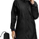 SaphiRose Women's Lightweight Long Rain Jacket Packable Raincoat Hooded Outdoor Trench Coats (Black, S)