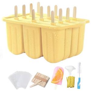 12-Cavity Popsicles Molds Set Homemade Maker Ice Pop Mold Silicone Freezer Molds with 50 Popsicle Sticks 50 Popsicle Bags 50 Ties Funnel Recipes and Cleaning Brush (Yellow)