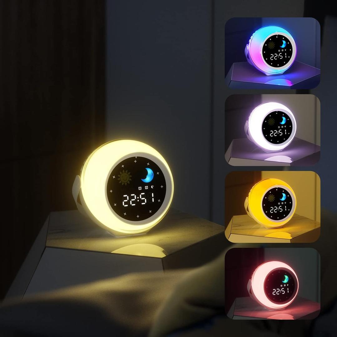 Alarm Clock for Kids, Bluetooth Music Player&Digital Clock, Sleep Sound Machine for Kids Bedroom, Kids Alarm Clock Sleep Trainer with Wake up Light, Ok to Wake Clock for Kids (Adjustable Colors)