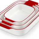 MALACASA Casserole Dishes for Oven, Ceramic Baking Dishes Set of 3, Rectangular Lasagna Pan Deep Baking Pans, Bakeware Sets with Handles Gift Set, White with Red Trim (13.8''/11.7''/9.4''), Series BAKE