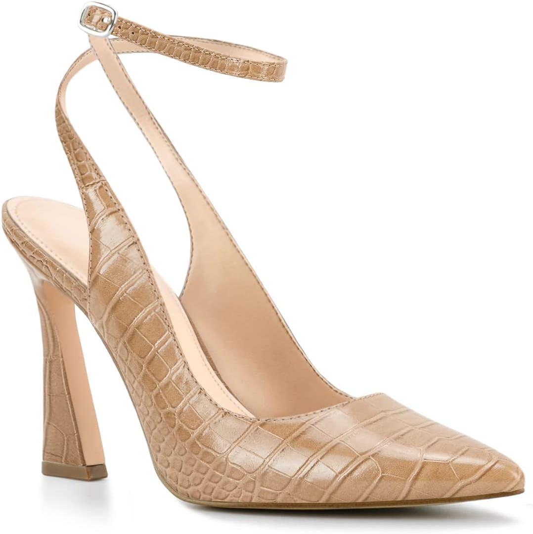 Womens Closed Toe Ankle Strap Heels Pointed Toe Pumps Shoes Slingback High Heel Wedding Dress Shoes (9, Khaki)