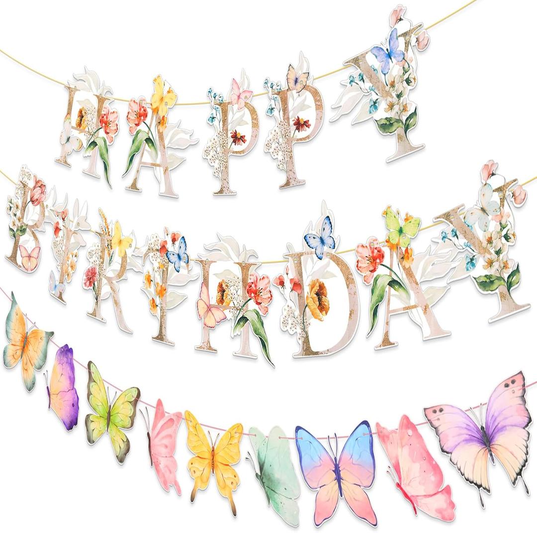 TaoBary 3 Pcs Wildflowers Happy Birthday Banners Decorations Watercolor Butterfly Floral Birthday Party Banner Letters for Spring Party Decorations Baby Shower Supplies