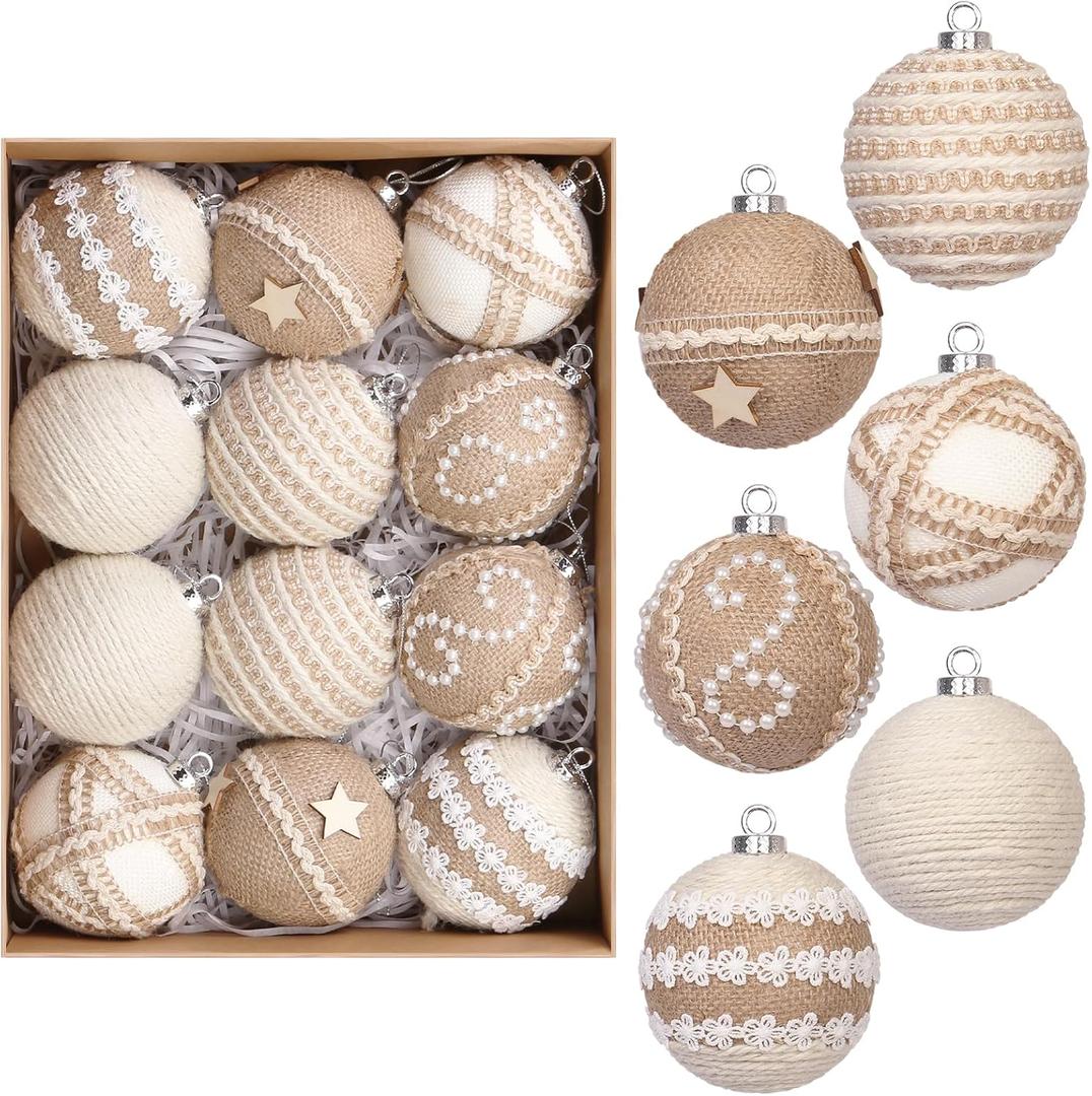 12PCS Christmas Ball Ornaments, 3.14"/80MM Boho Shatterproof Christmas Tree Hanging Ball Decorations, for Home Indoor Farmhouse Xmas Vase Bowls Filler Centerpiece Rustic Decor
