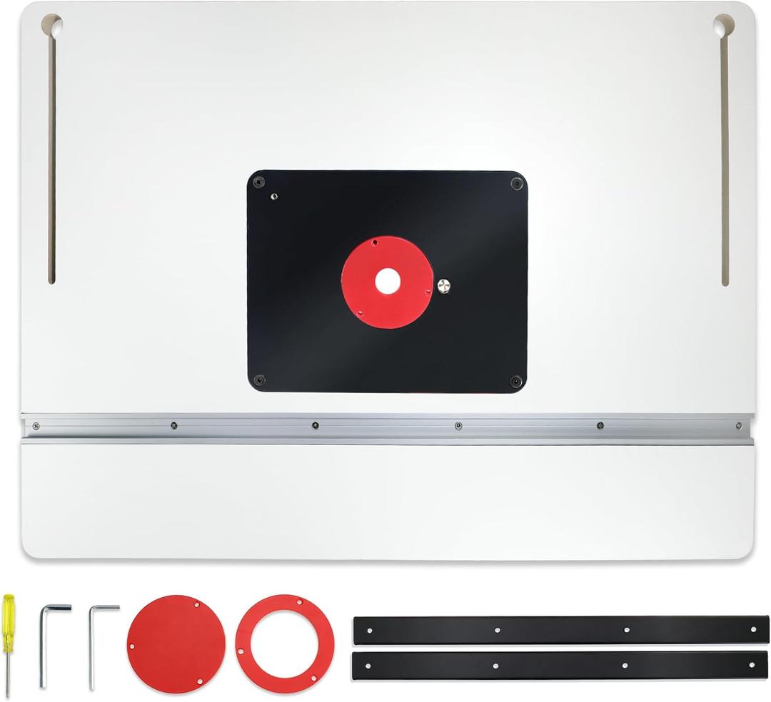 MDF Router table top 24 x32 with inset plate  three-hole adjustment ring, and matching tools and screws