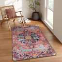 Lahome Bohemian Floral Medallion Area Rug - 3x5 Hot Pink Rug for Girls Room Front Entry Mat, Non-Slip Machine Washable Soft Throw Carpet for Bathroom Apartment Entrance Laundry, Fuchsia/Multi